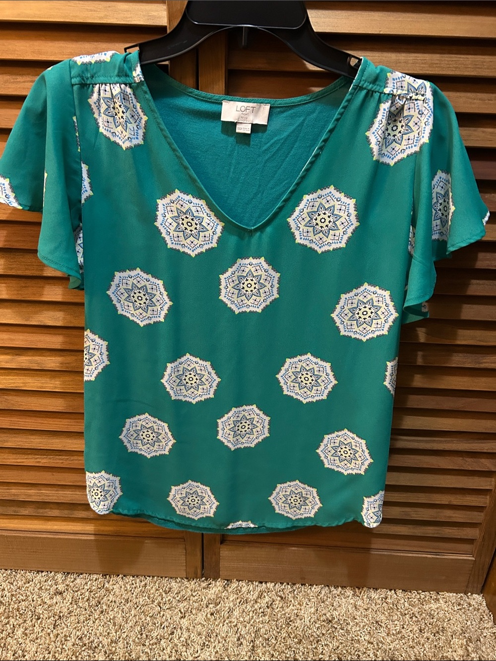 LOFT Teal Medallion V-Neck Flutter Sleeve Blouse
